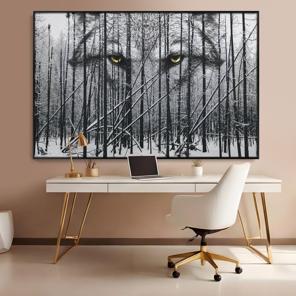 Tablou canvas cu tablou canvas cu ochi de lup si padure iarna, in rama de aluminiu negru, pe perete intr-un birou